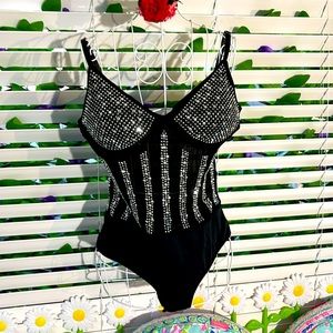 Aria sheer black with bright sparkling silver bling bodysuit
